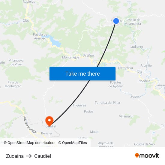 Zucaina to Caudiel map