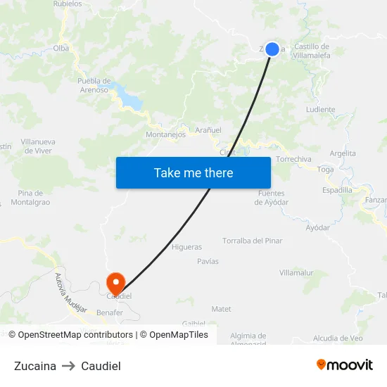 Zucaina to Caudiel map