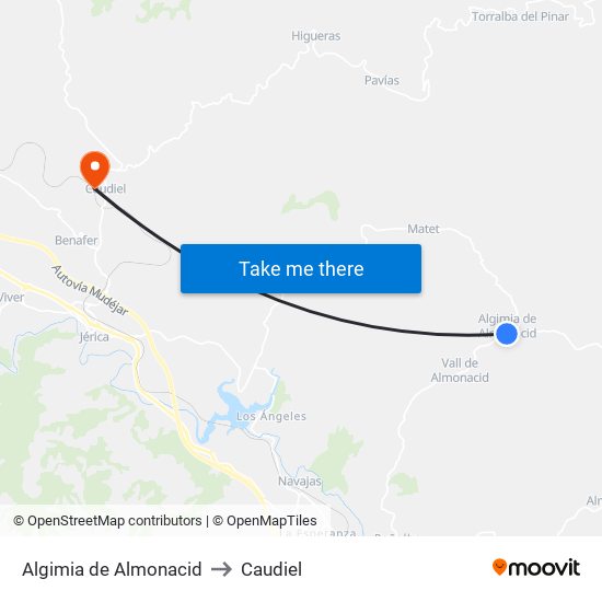 Algimia de Almonacid to Caudiel map