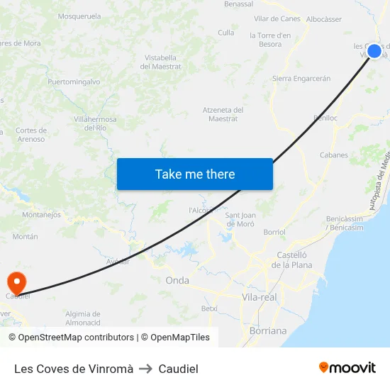 Les Coves de Vinromà to Caudiel map