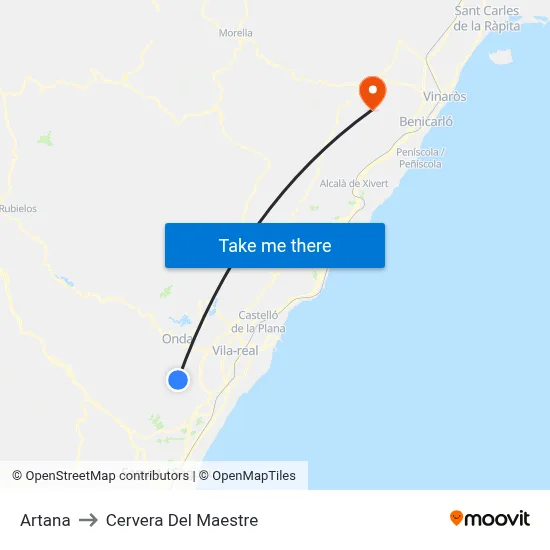 Artana to Cervera Del Maestre map