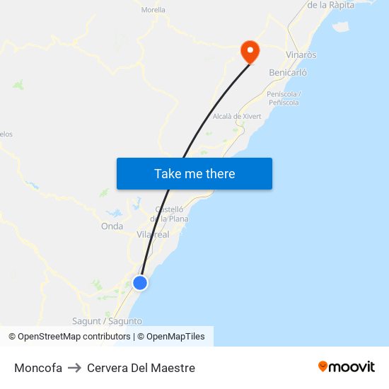 Moncofa to Cervera Del Maestre map