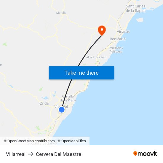 Villarreal to Cervera Del Maestre map