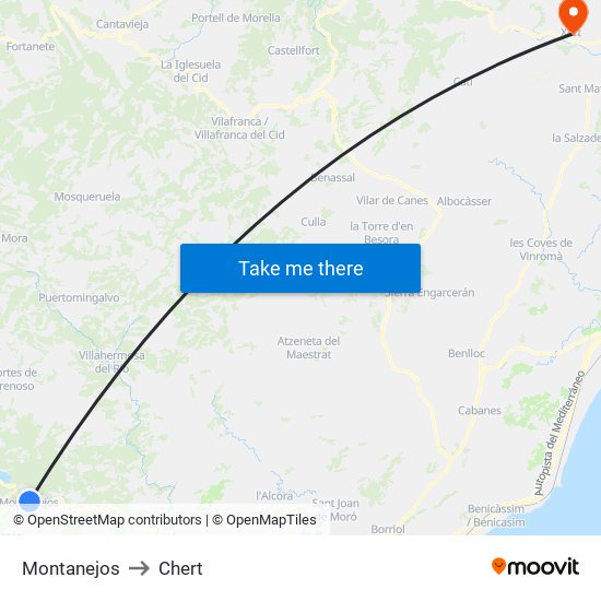 Montanejos to Chert map