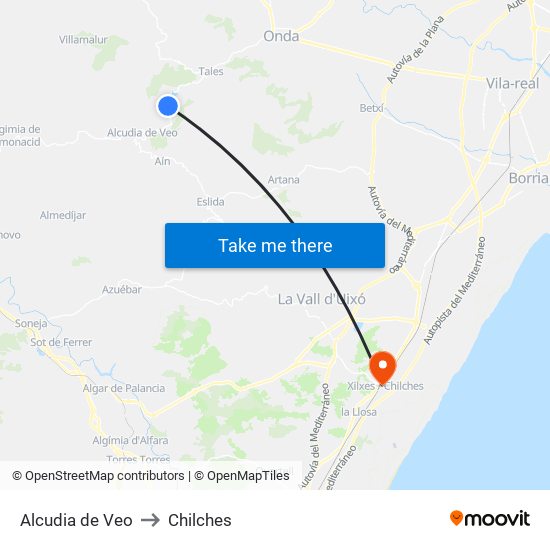 Alcudia de Veo to Chilches map