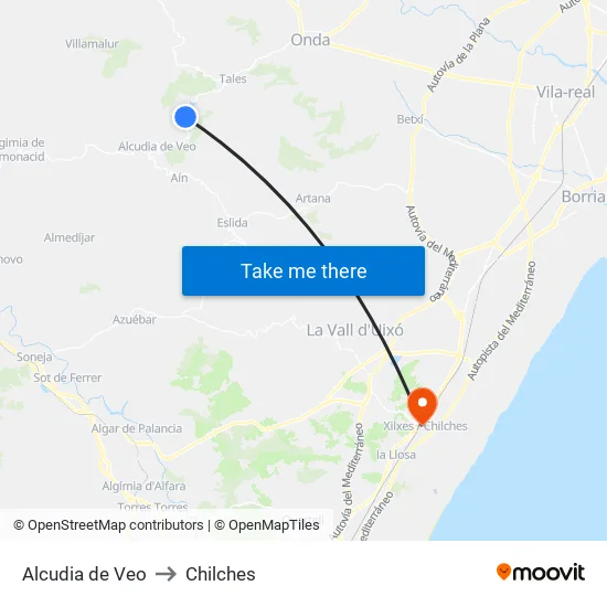 Alcudia de Veo to Chilches map