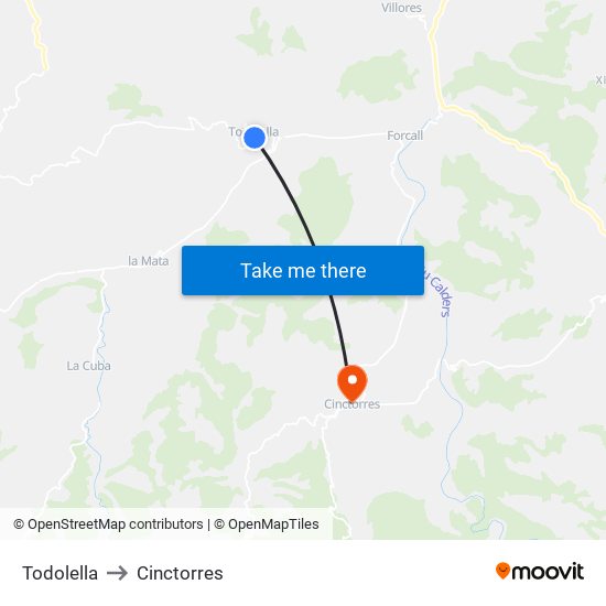 Todolella to Cinctorres map