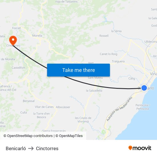 Benicarló to Cinctorres map