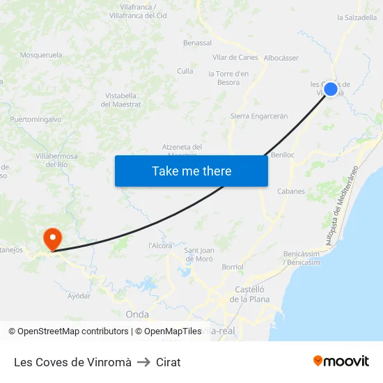 Les Coves de Vinromà to Cirat map