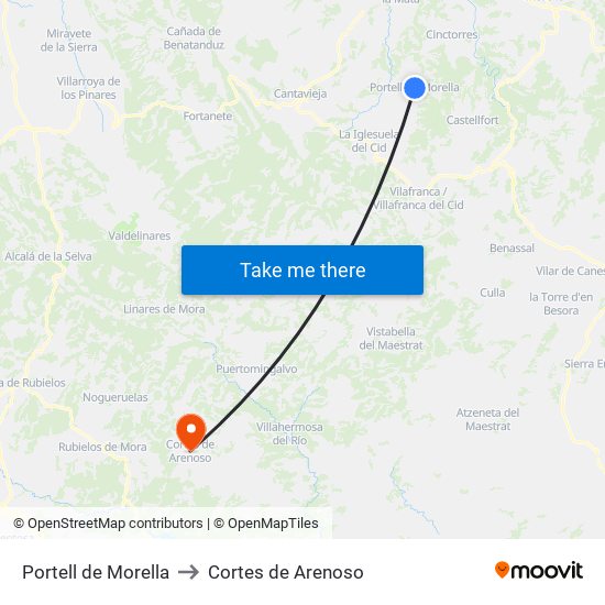 Portell de Morella to Cortes de Arenoso map