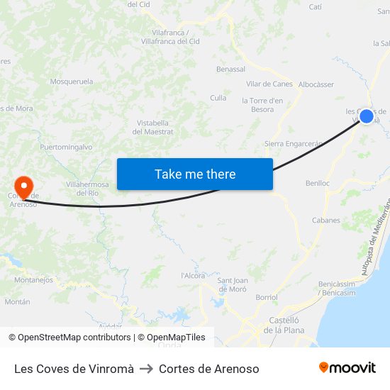 Les Coves de Vinromà to Cortes de Arenoso map