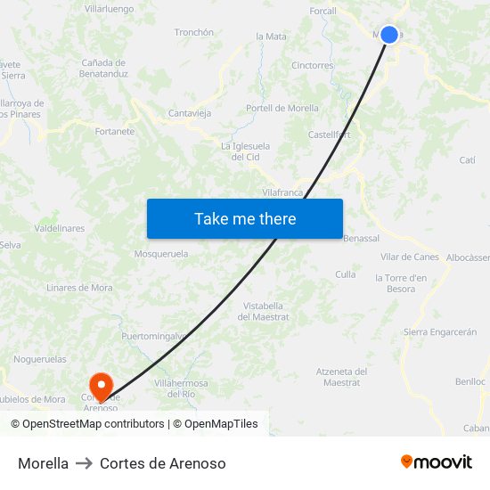 Morella to Cortes de Arenoso map