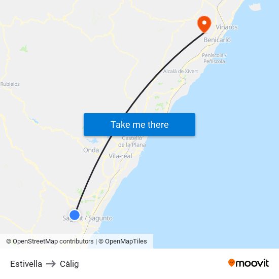 Estivella to Càlig map