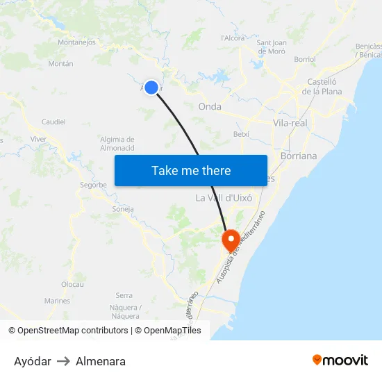 Ayódar to Almenara map