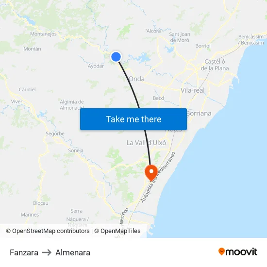 Fanzara to Almenara map