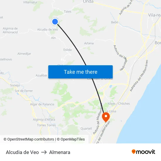 Alcudia de Veo to Almenara map