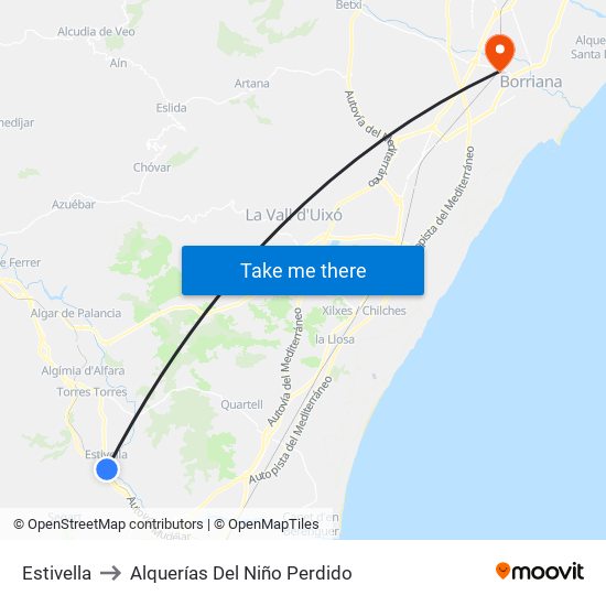 Estivella to Alquerías Del Niño Perdido map