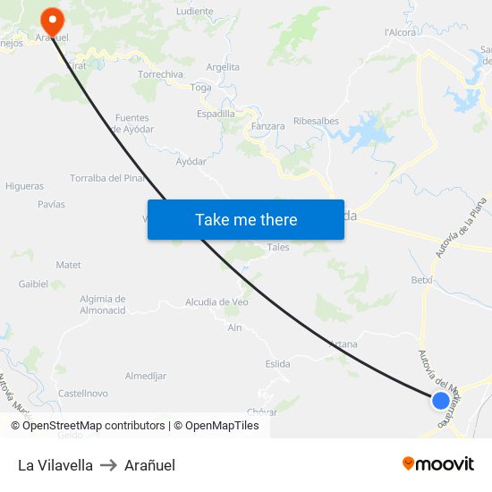 La Vilavella to Arañuel map
