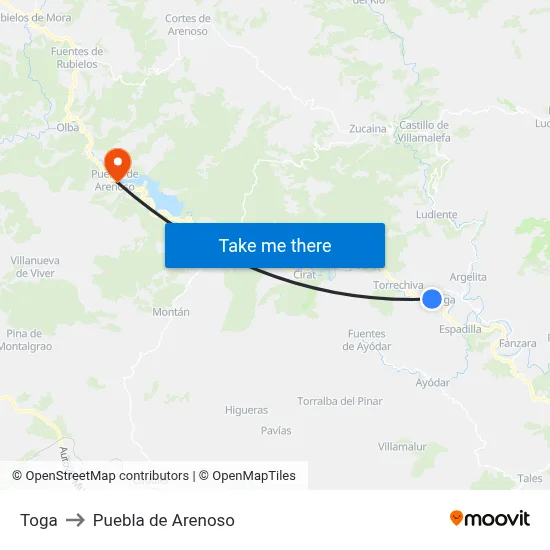 Toga to Puebla de Arenoso map