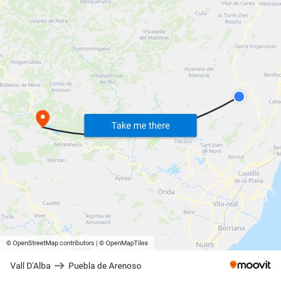 Vall D'Alba to Puebla de Arenoso map