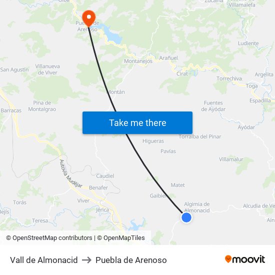 Vall de Almonacid to Puebla de Arenoso map