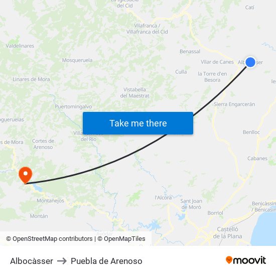 Albocàsser to Puebla de Arenoso map
