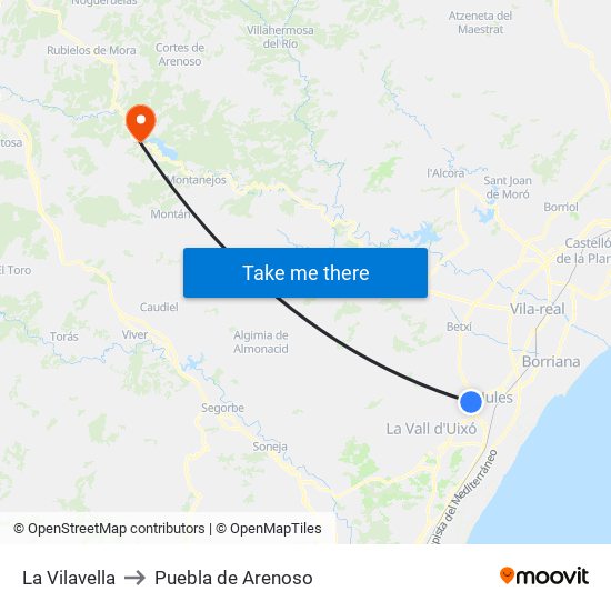 La Vilavella to Puebla de Arenoso map
