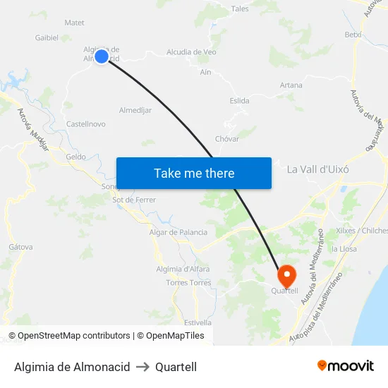 Algimia de Almonacid to Quartell map