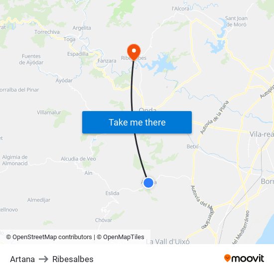 Artana to Ribesalbes map