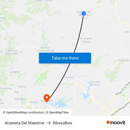 Atzeneta Del Maestrat to Ribesalbes map