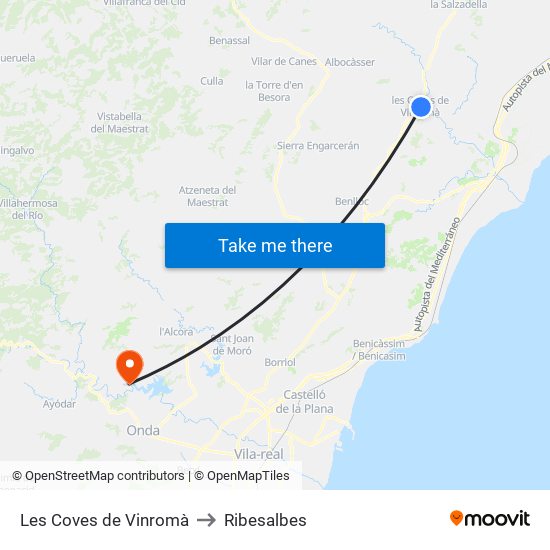 Les Coves de Vinromà to Ribesalbes map