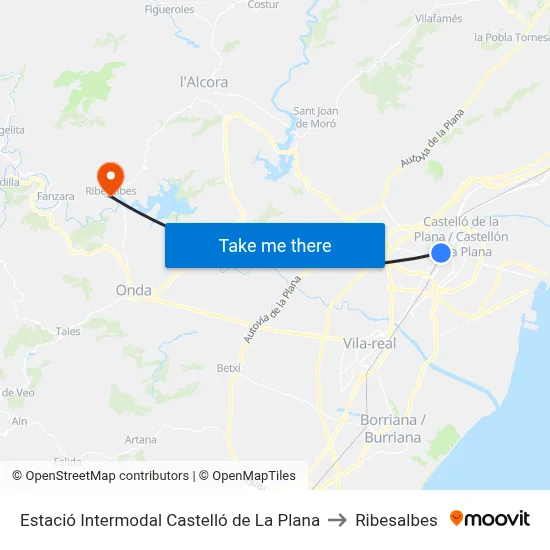 Estació Intermodal Castelló de La Plana to Ribesalbes map