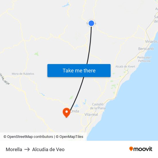 Morella to Alcudia de Veo map