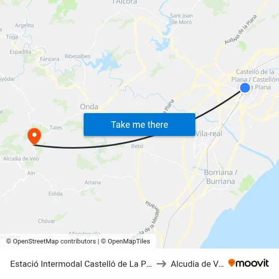Estació Intermodal Castelló de La Plana to Alcudia de Veo map