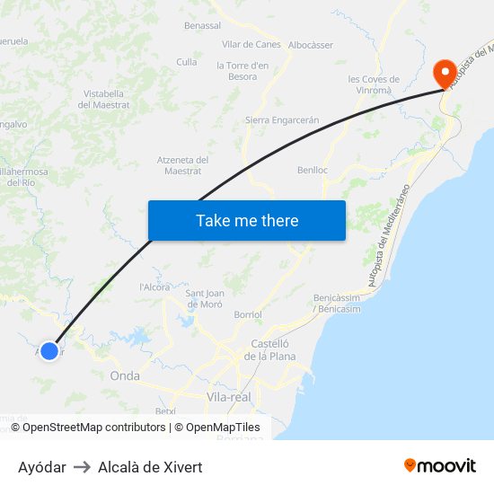 Ayódar to Alcalà de Xivert map