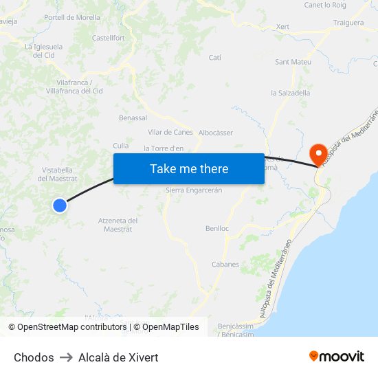Chodos to Alcalà de Xivert map