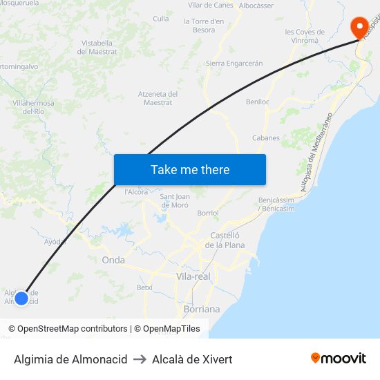 Algimia de Almonacid to Alcalà de Xivert map