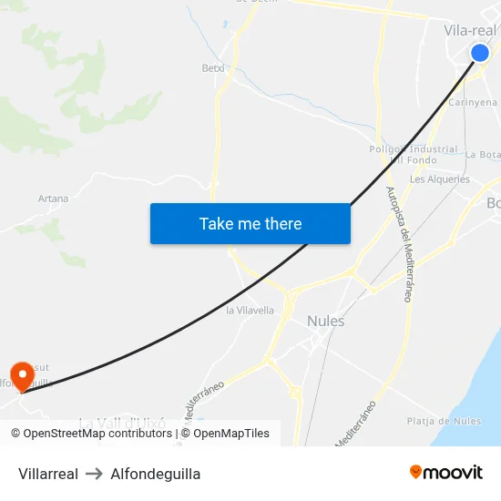 Villarreal to Alfondeguilla map