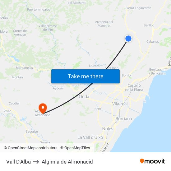 Vall D'Alba to Algimia de Almonacid map