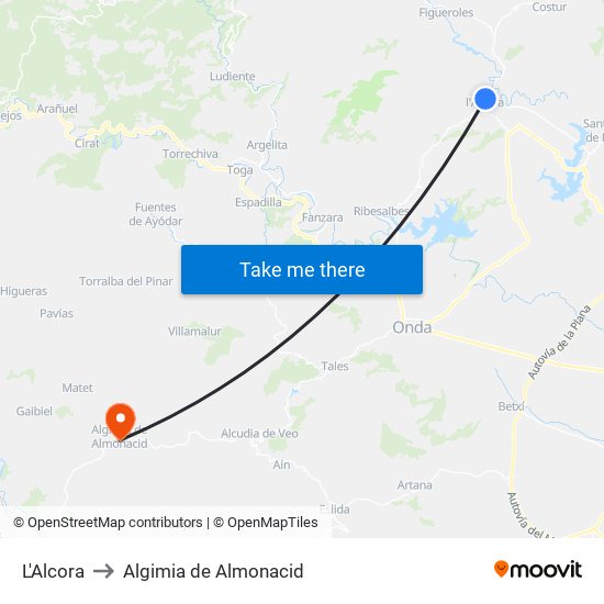 L'Alcora to Algimia de Almonacid map