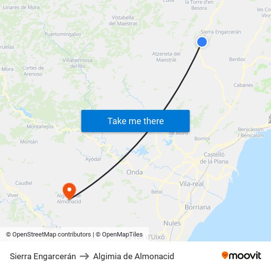 Sierra Engarcerán to Algimia de Almonacid map