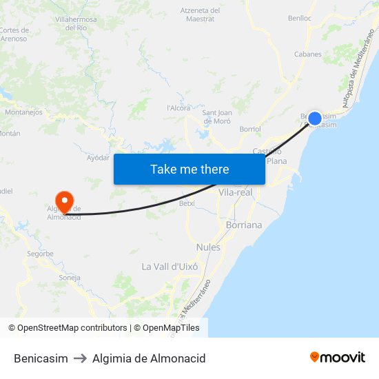 Benicasim to Algimia de Almonacid map