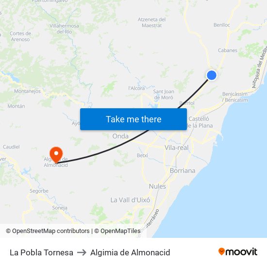 La Pobla Tornesa to Algimia de Almonacid map