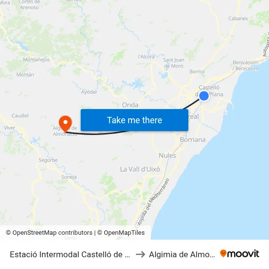 Estació Intermodal Castelló de La Plana to Algimia de Almonacid map