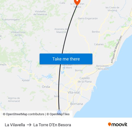La Vilavella to La Torre D'En Besora map