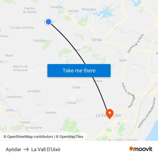 Ayódar to La Vall D'Uixó map