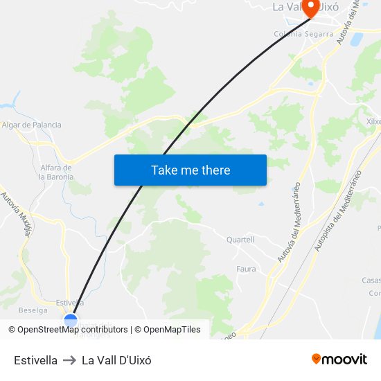 Estivella to La Vall D'Uixó map