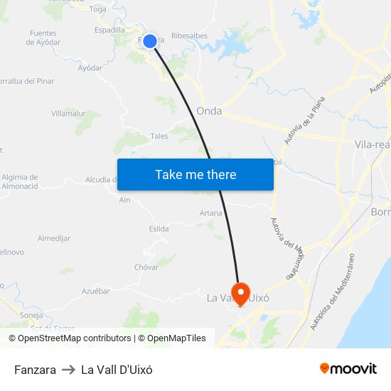Fanzara to La Vall D'Uixó map