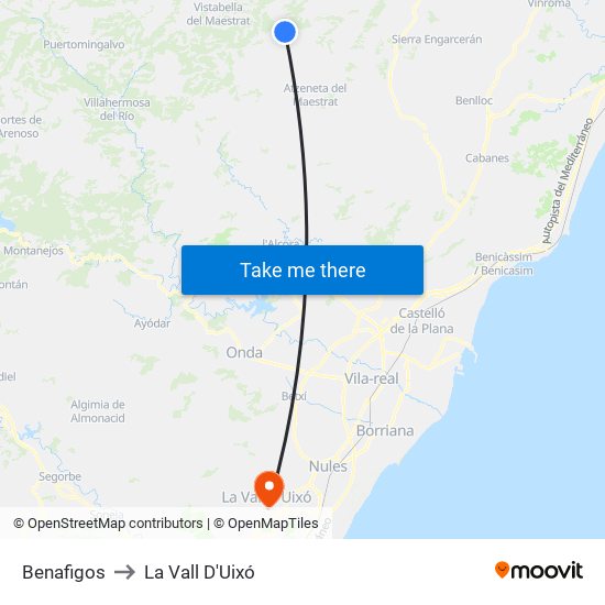 Benafigos to La Vall D'Uixó map