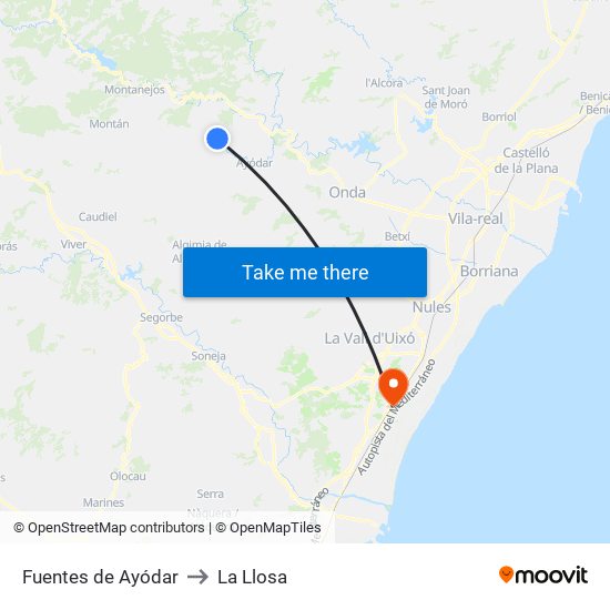 Fuentes de Ayódar to La Llosa map